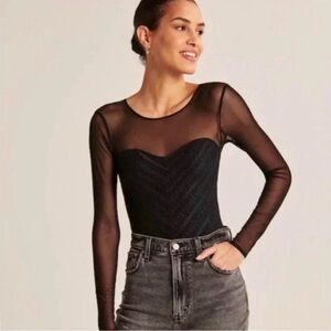 Abercrombie & Fitch Elegant Black Sheer Long Sleeve Bodysuit